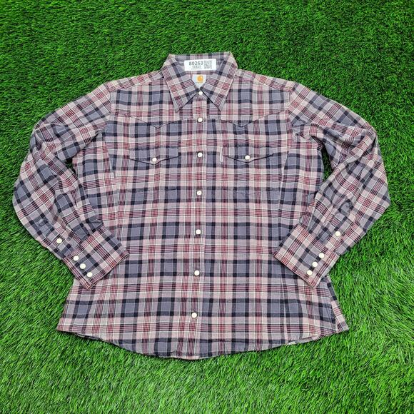 CARHARTT Western Plaid Button Shirt Womens Large 21x25 Yoke - Picture 1 of 13